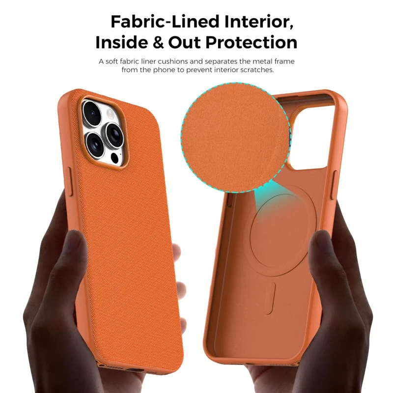 For iPhone 15 Pro Max Magnetic Case Tech Fabric Coated TPU + PC Anti-Drop Phone Cover - Orange