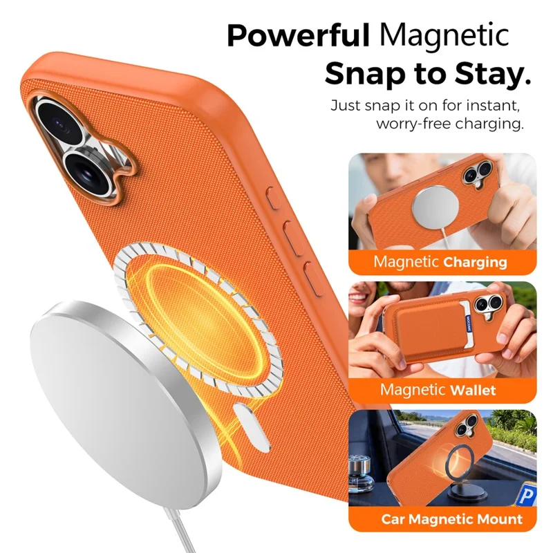 For iPhone 16 Magnetic Case Tech Fabric Coated TPU + PC Anti-Drop Phone Cover - Orange