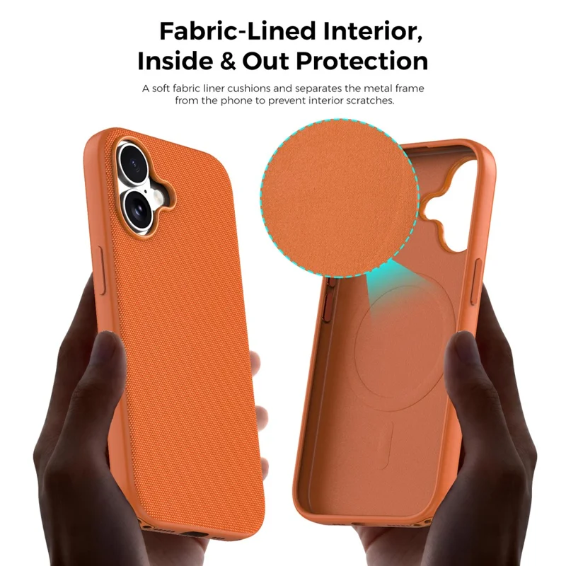 For iPhone 16 Magnetic Case Tech Fabric Coated TPU + PC Anti-Drop Phone Cover - Orange