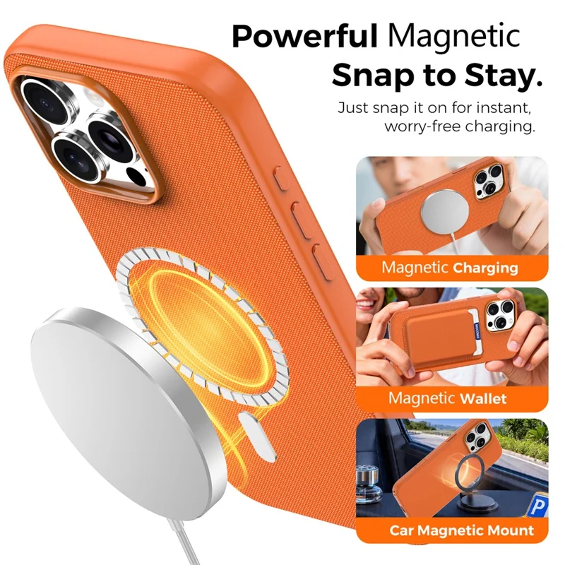 For iPhone 16 Pro Max Magnetic Case Tech Fabric Coated TPU + PC Anti-Drop Phone Cover - Orange