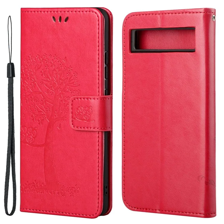 Per Google Pixel 7a Owl Tree Pattern Exprinted Tree Stand Case Del Portafoglio Telefonico a Prova di Goccia - Rosso