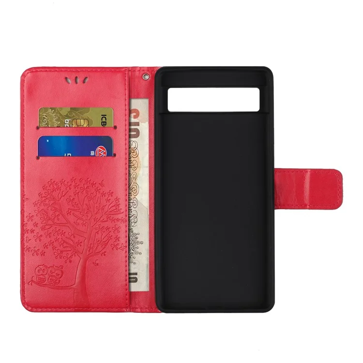 Per Google Pixel 7a Owl Tree Pattern Exprinted Tree Stand Case Del Portafoglio Telefonico a Prova di Goccia - Rosso