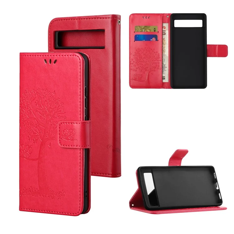Per Google Pixel 7a Owl Tree Pattern Exprinted Tree Stand Case Del Portafoglio Telefonico a Prova di Goccia - Rosso