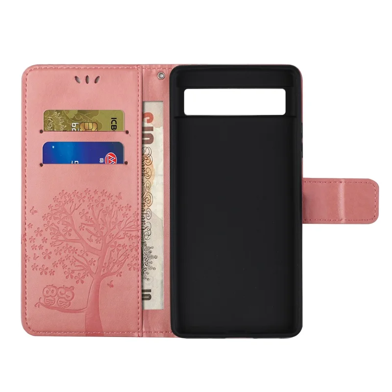 For Google Pixel 7a Imprinted Owl Tree Pattern PU Leather Stand Case Drop-proof Phone Wallet Cover - Pink