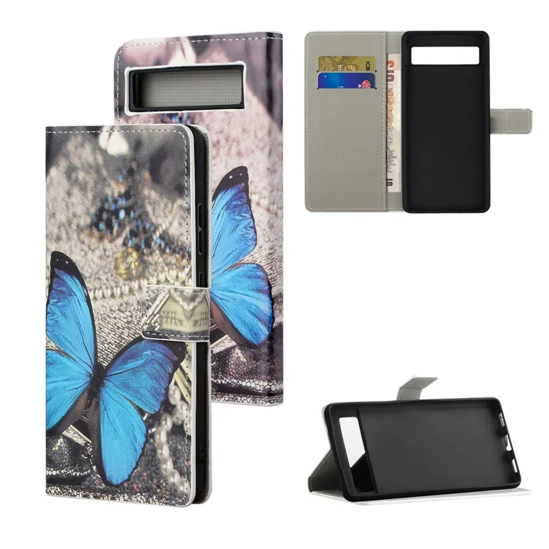 For Google Pixel 7a Pattern Printing PU Leather Wallet Cover Stand Magnetic Closure Protective Phone Case - Blue Butterfly
