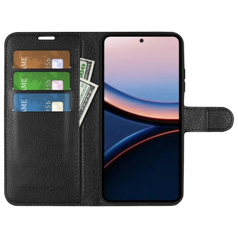 Étui pour Xiaomi Poco C95 Pro, étui portefeuille avec support, texture en cuir de type litchi, housse de protection antichoc en cuir - Noir
