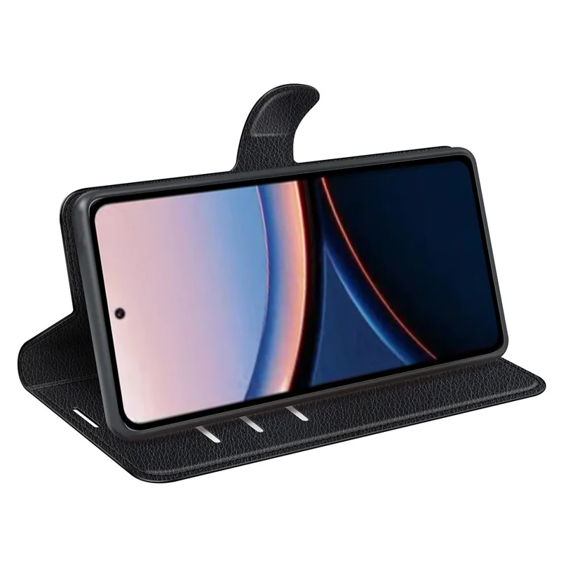 Étui pour Xiaomi Poco C95 Pro, étui portefeuille avec support, texture en cuir de type litchi, housse de protection antichoc en cuir - Noir