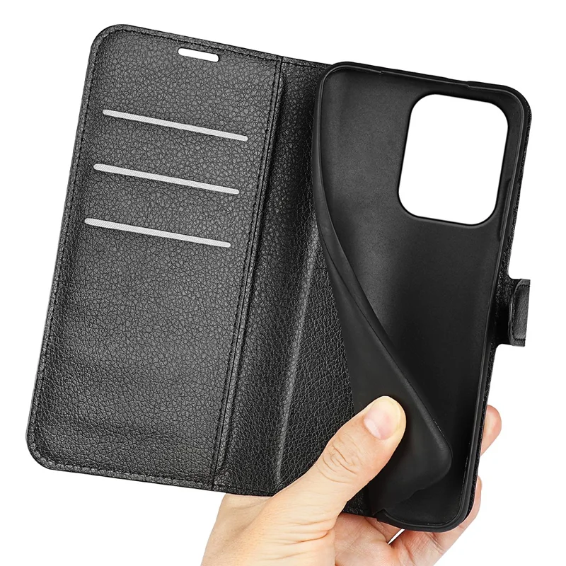 Étui pour Xiaomi Poco C95 Pro, étui portefeuille avec support, texture en cuir de type litchi, housse de protection antichoc en cuir - Noir