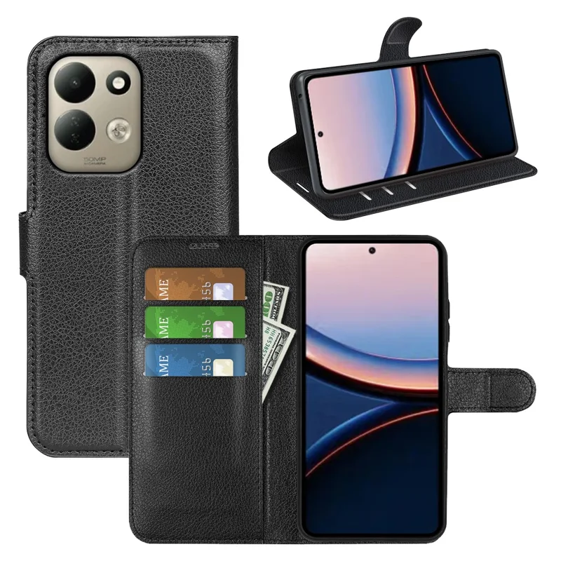 Étui pour Xiaomi Poco C95 Pro, étui portefeuille avec support, texture en cuir de type litchi, housse de protection antichoc en cuir - Noir