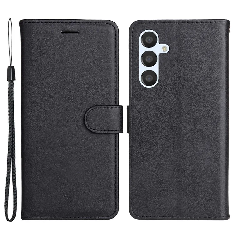 For Samsung Galaxy A54 5G Case Solid Color Leather Mobile Cover Wallet Stand with Strap - Black