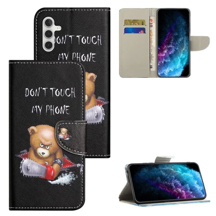 Per Samsung Galaxy A34 5G Pattern Printing PU Leather Flip Folio Case Cross Texture Shockproof TPU Inner Shell Wallet Stand Phone Cover - Bear