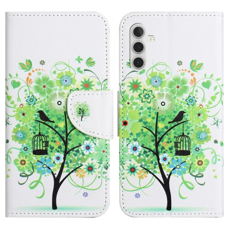 Para Samsung Galaxy A34 5G Padrão de Impressão PU Leather Flip Folio Case Cross Texture Shockproof TPU Inner Shell Wallet Stand Phone Cover - Green Tree