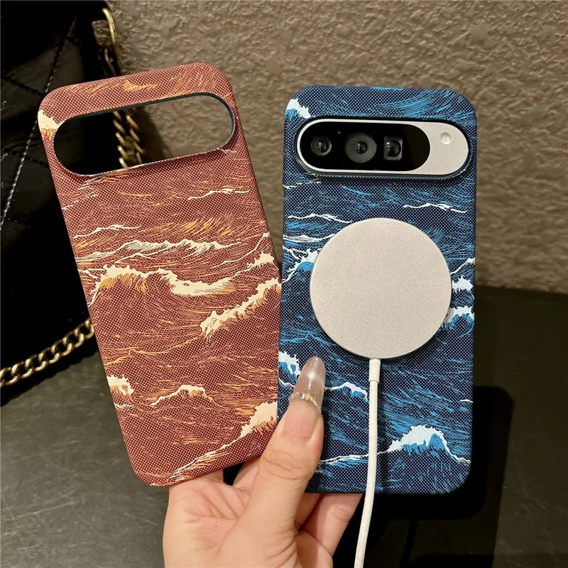 For Google Pixel 11 / Pixel 11 Pro Magnetic Case Water Transfer Printing Wave Pattern Shockproof PC Phone Cover - Orange
