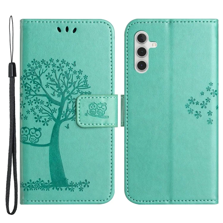 Para Samsung Galaxy A34 5G Imprinted Owl Tree Pattern Stand Wallet Case PU Leather Full Protection Phone Cover - Verde