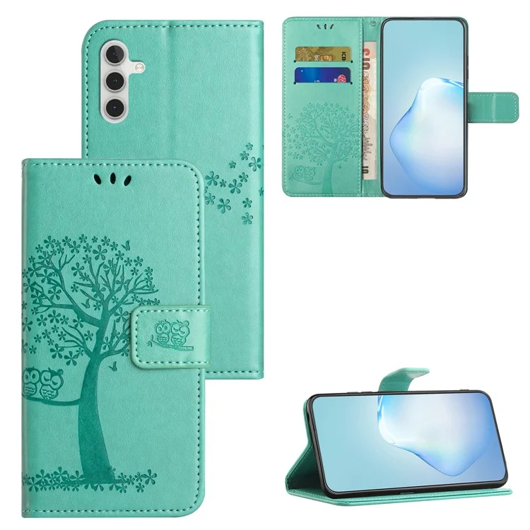 Para Samsung Galaxy A34 5G Imprinted Owl Tree Pattern Stand Wallet Case PU Leather Full Protection Phone Cover - Verde