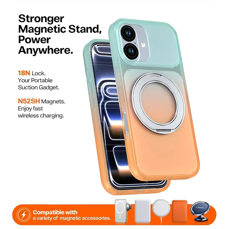 For iPhone 17 Magnetic Case Rotary Kickstand Gradient Color PC + TPU Phone Cover - Orange