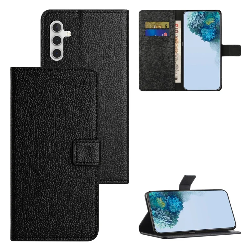 Litchi Texture PU Leather Case for Samsung Galaxy A34 5G, Magnetic Square Clasp Wallet Stand Function Cell Phone Cover - Black