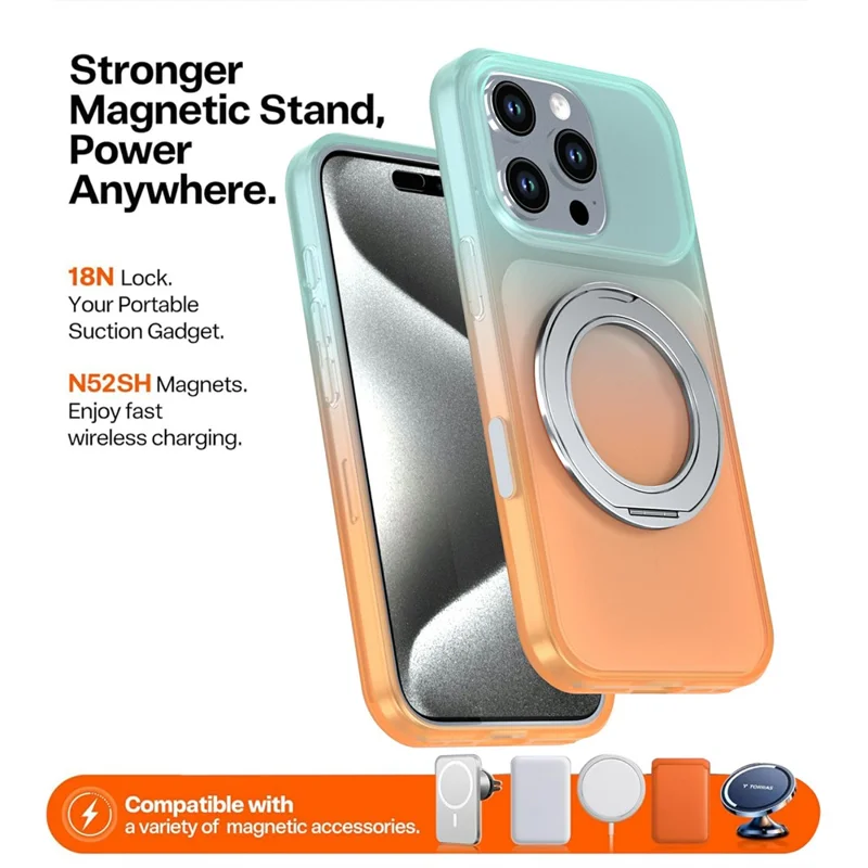 For iPhone 16 Pro Max Magnetic Case Rotary Kickstand Gradient Color PC + TPU Phone Cover - Orange