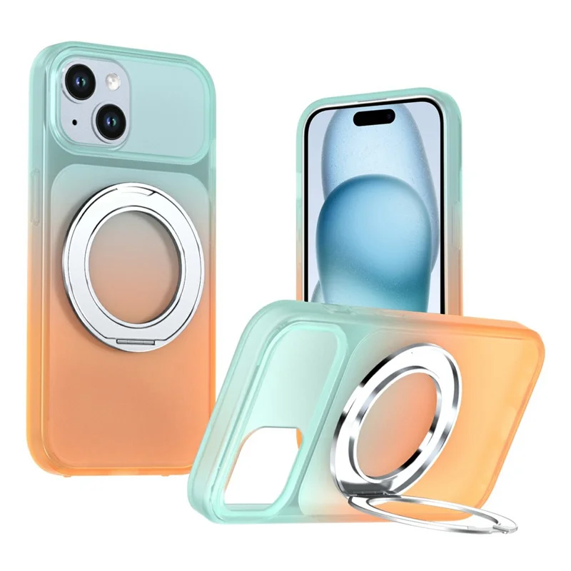 For iPhone 15 Magnetic Case Rotary Kickstand Gradient Color PC + TPU Phone Cover - Orange