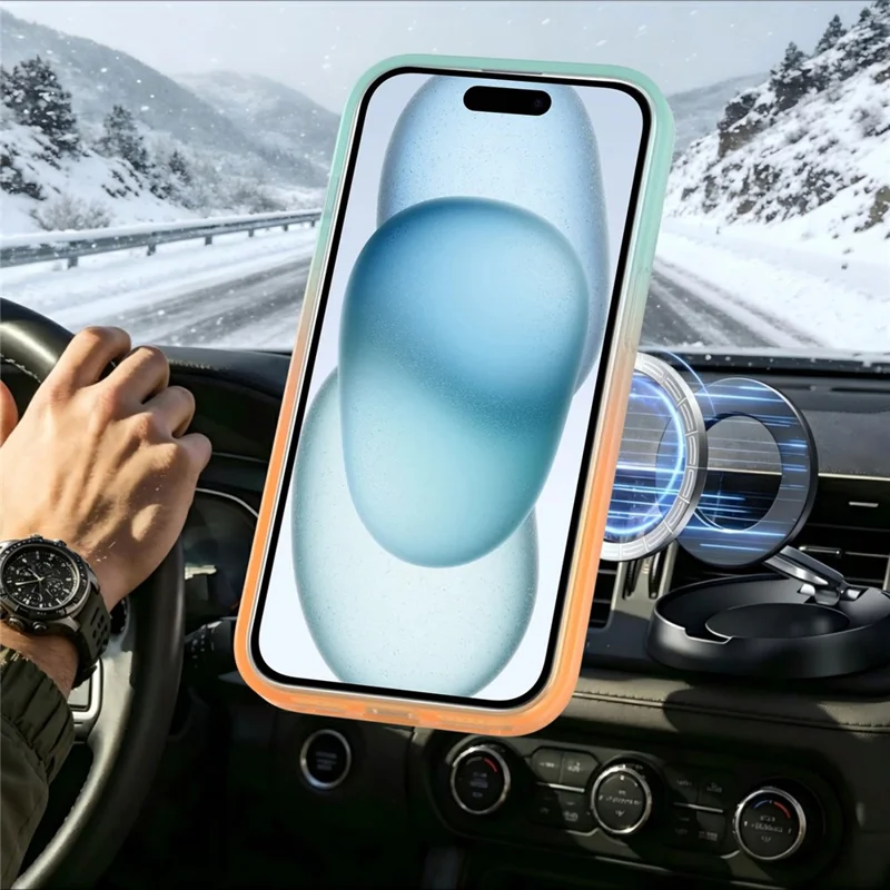 For iPhone 15 Magnetic Case Rotary Kickstand Gradient Color PC + TPU Phone Cover - Orange