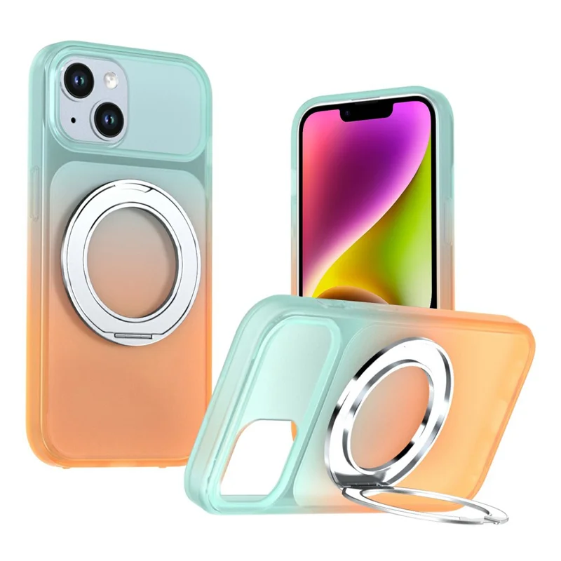 For iPhone 13  /  14 Magnetic Case Rotary Kickstand Gradient Color PC + TPU Phone Cover - Orange