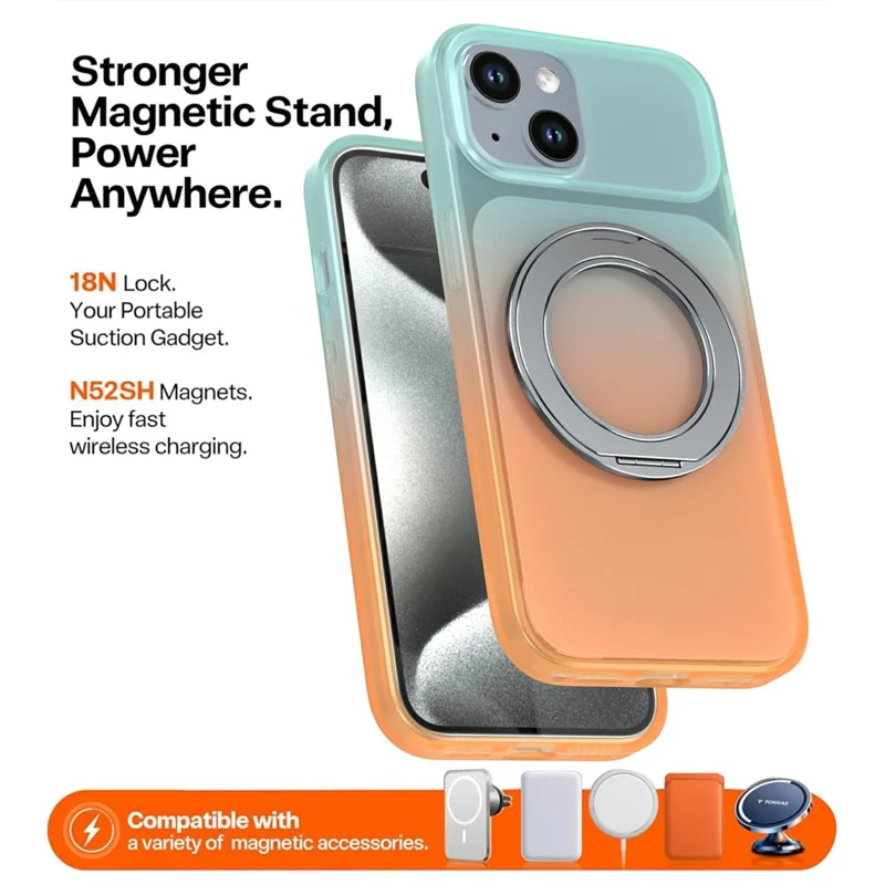 For iPhone 13  /  14 Magnetic Case Rotary Kickstand Gradient Color PC + TPU Phone Cover - Orange