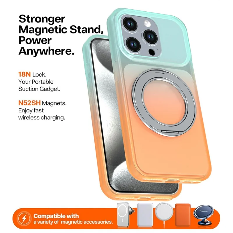 For iPhone 14 Pro Magnetic Case Rotary Kickstand Gradient Color PC + TPU Phone Cover - Orange