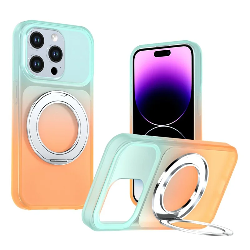 For iPhone 14 Pro Max Magnetic Case Rotary Kickstand Gradient Color PC + TPU Phone Cover - Orange
