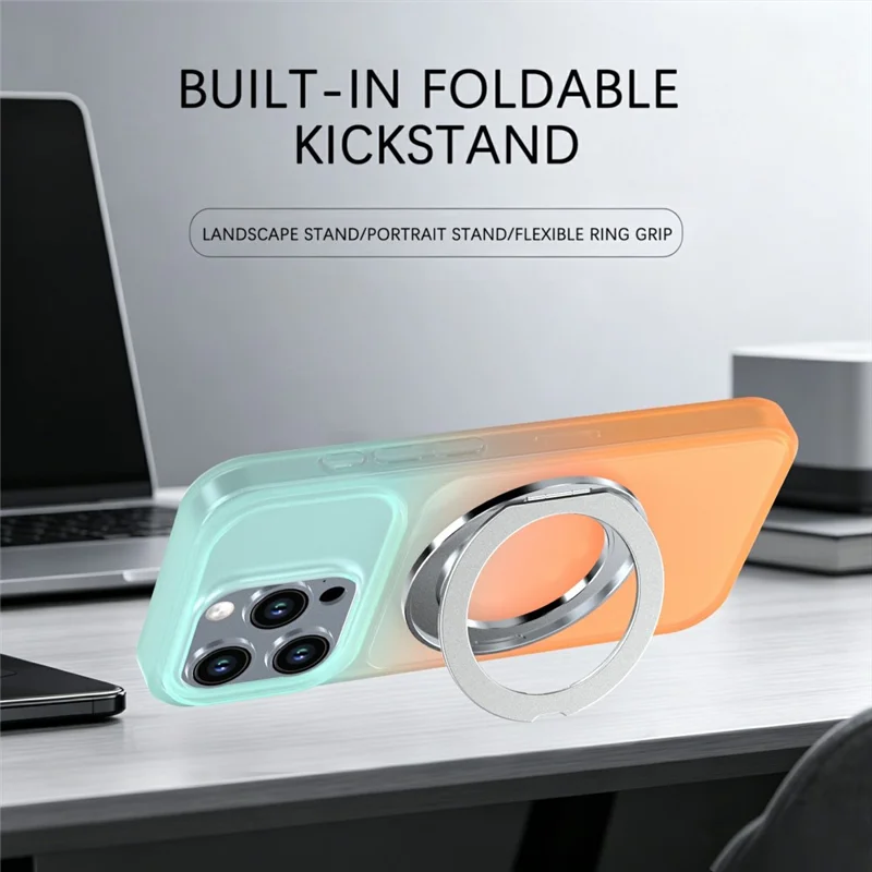For iPhone 14 Pro Max Magnetic Case Rotary Kickstand Gradient Color PC + TPU Phone Cover - Orange