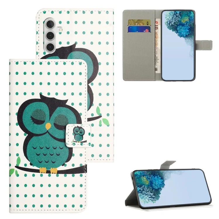 Для Samsung Galaxy A34 5G Pattern Printing PU Leather Cover Stand Magnetic Closure Flip Wallet Phone Case - Dots / Owl