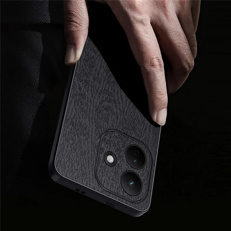 For Xiaomi Redmi Note 17 Pro 5G Case Wood Texture PU Leather Coated PC TPU Phone Cover - Black