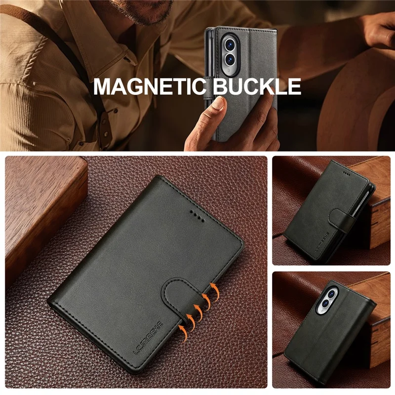 LC.IMEEKE for Samsung Galaxy Z Fold8 Case Wallet Calf Texture Leather Phone Cover - Black