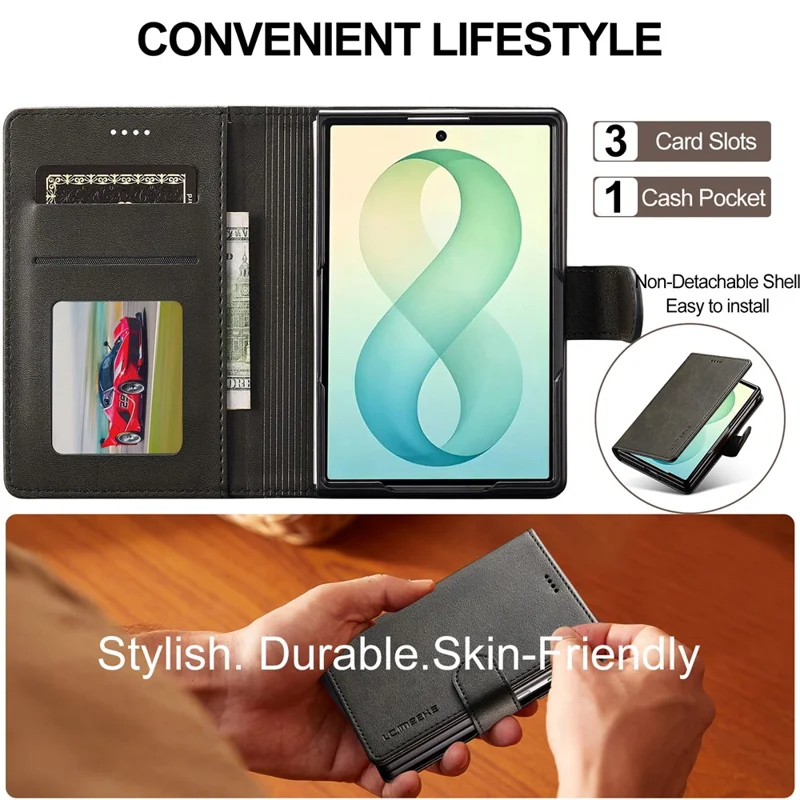 LC.IMEEKE for Samsung Galaxy Z Fold8 Case Wallet Calf Texture Leather Phone Cover - Black