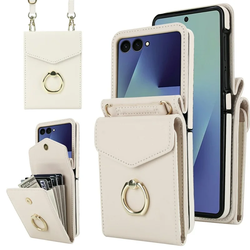 For Samsung Galaxy Z Flip8 Case Litchi Texture PU Leather + TPU Phone Cover with Shoulder Strap - White