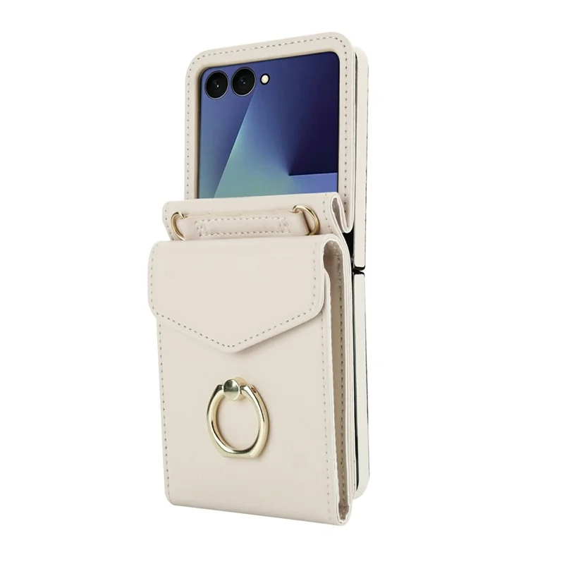 For Samsung Galaxy Z Flip8 Case Litchi Texture PU Leather + TPU Phone Cover with Shoulder Strap - White