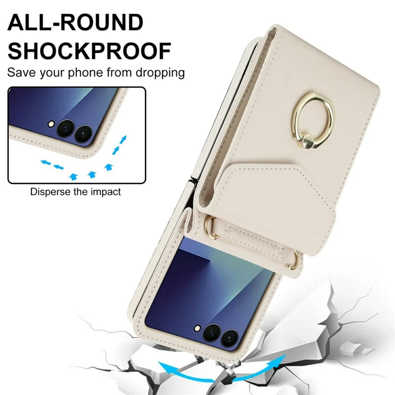 For Samsung Galaxy Z Flip8 Case Litchi Texture PU Leather + TPU Phone Cover with Shoulder Strap - White