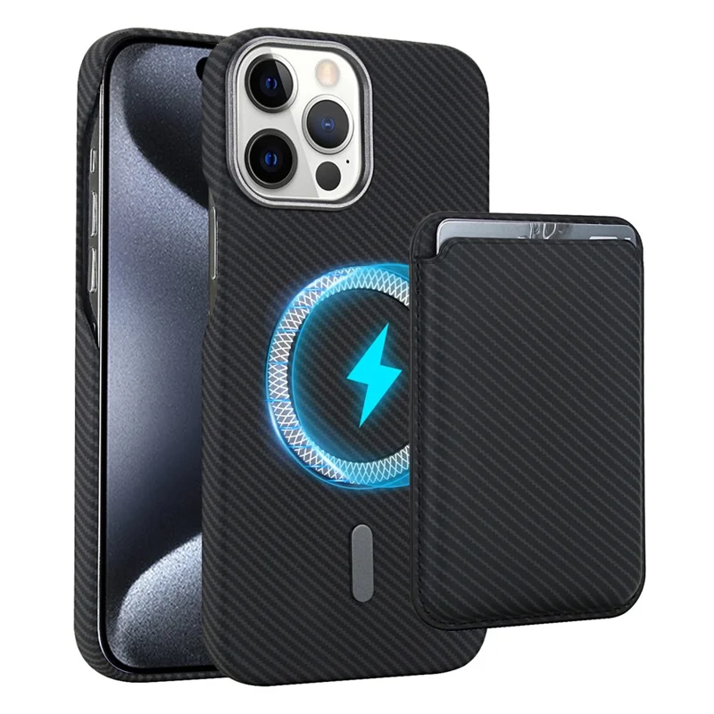 Für iPhone 13 Pro Magnetische Hülle mit Abnehmbarem Kartenhalter Kohlefaser-Optik Leder + PC Handyhülle - Schwarz