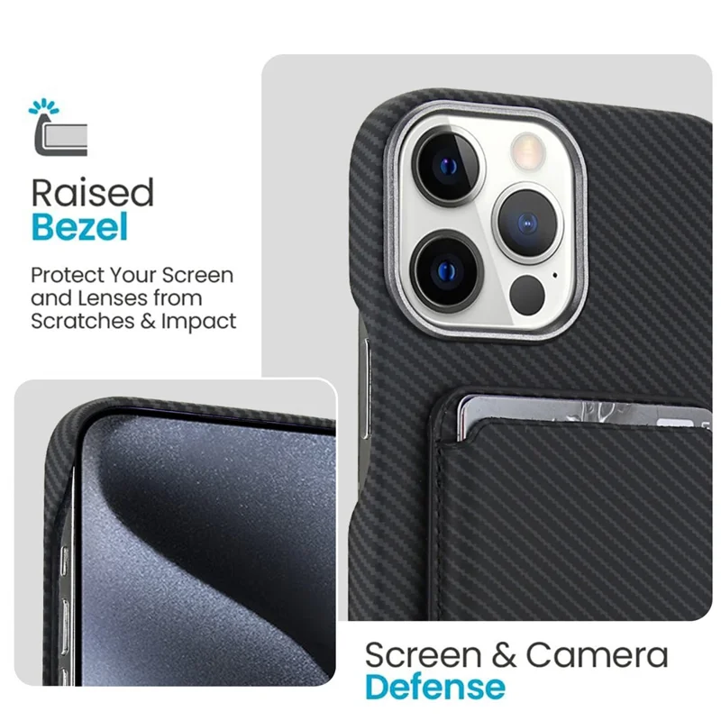 Für iPhone 13 Pro Magnetische Hülle mit Abnehmbarem Kartenhalter Kohlefaser-Optik Leder + PC Handyhülle - Schwarz