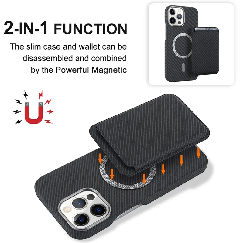 Für iPhone 13 Pro Magnetische Hülle mit Abnehmbarem Kartenhalter Kohlefaser-Optik Leder + PC Handyhülle - Schwarz