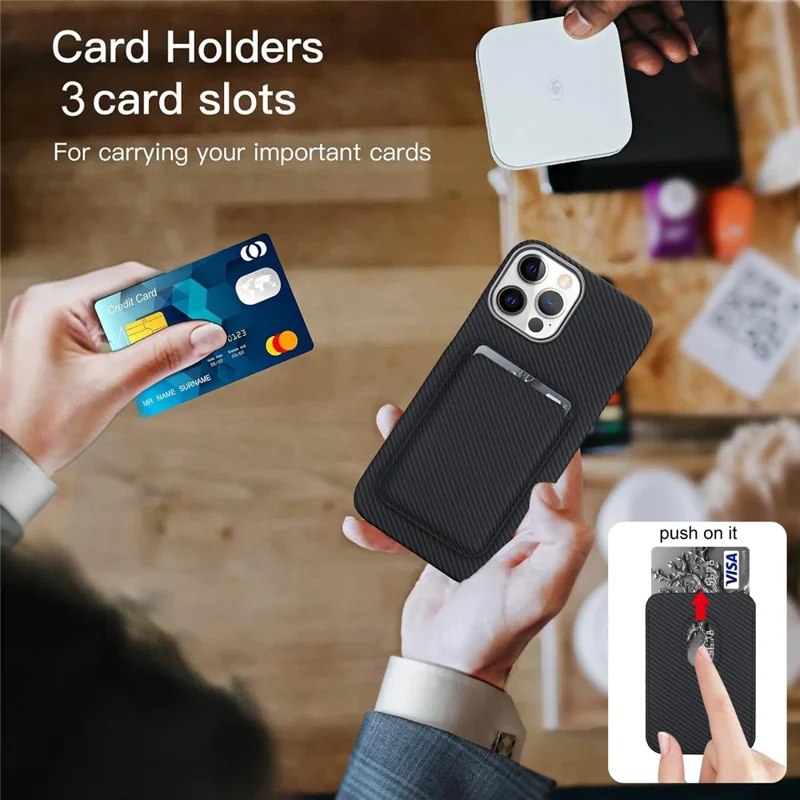 Für iPhone 13 Pro Magnetische Hülle mit Abnehmbarem Kartenhalter Kohlefaser-Optik Leder + PC Handyhülle - Schwarz