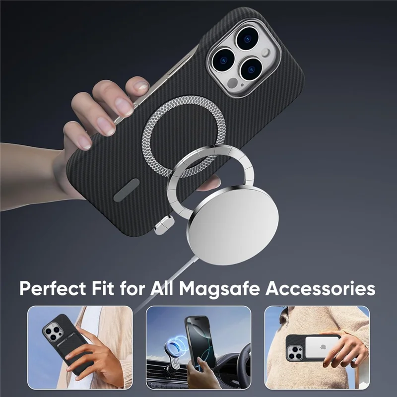 For iPhone 16 Pro Max Magnetic Case Carbon Fiber Texture Leather + PC Phone Cover - Black