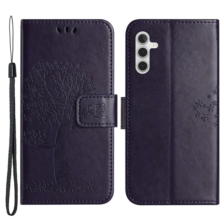 Per Samsung Galaxy A54 5G Imprinted Owl Tree Pattern Magnetic Clasp Cover PU Leather Wallet Stand Phone Case - Dark Purple