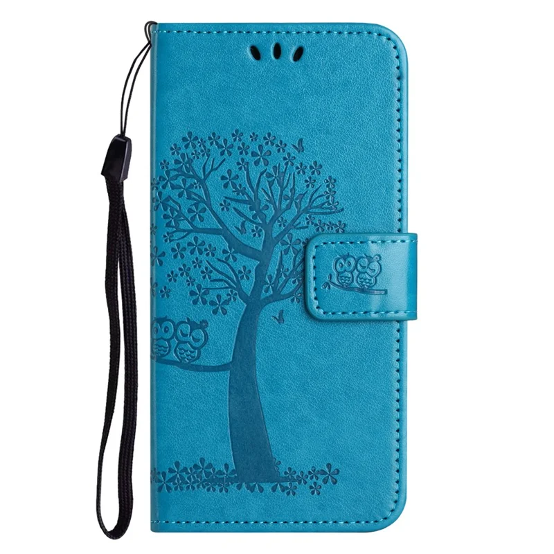 For Samsung Galaxy A04e 4G / F04 4G / M04 4G Imprinted Owl Tree Pattern Anti-scratch PU Leather Wallet Viewing Stand Anti-fingerprint Protective Case - Blue