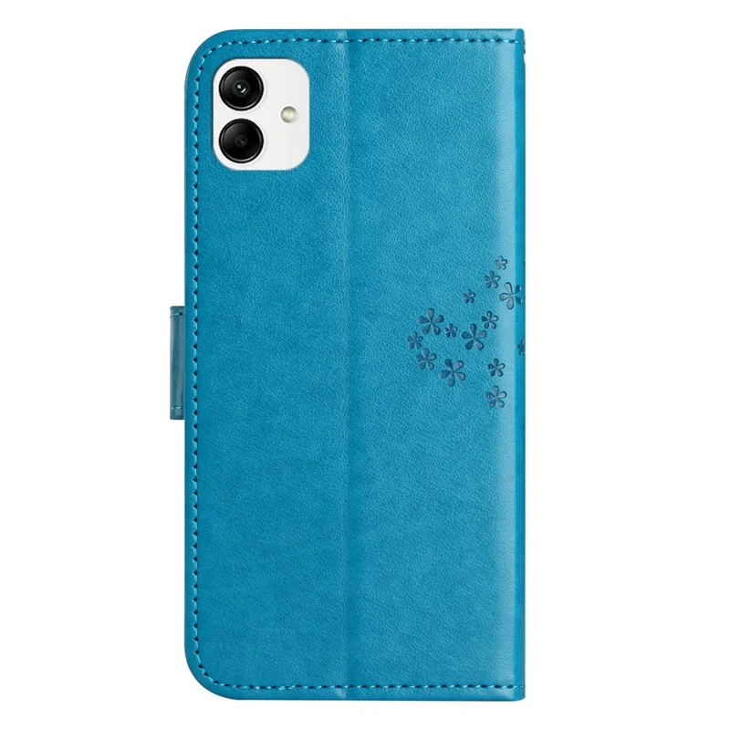 For Samsung Galaxy A04e 4G / F04 4G / M04 4G Imprinted Owl Tree Pattern Anti-scratch PU Leather Wallet Viewing Stand Anti-fingerprint Protective Case - Blue