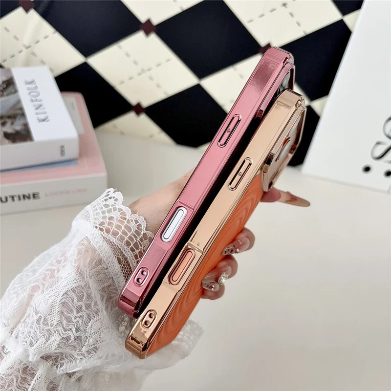 For iPhone 17 Pro Magnetic Case 3D Ripple Texture Leather Coated PC + TPU Electroplated Phone Cover - Orange