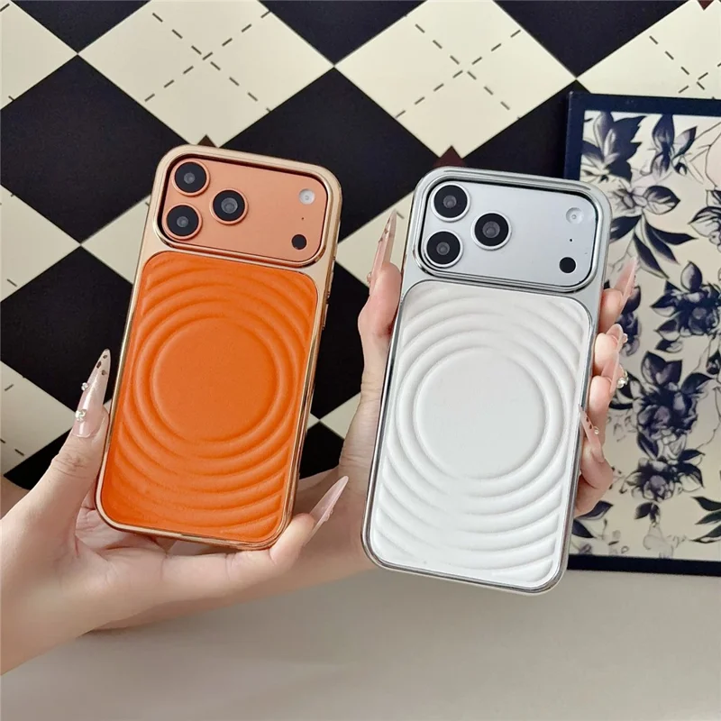 For iPhone 17 Pro Magnetic Case 3D Ripple Texture Leather Coated PC + TPU Electroplated Phone Cover - Orange