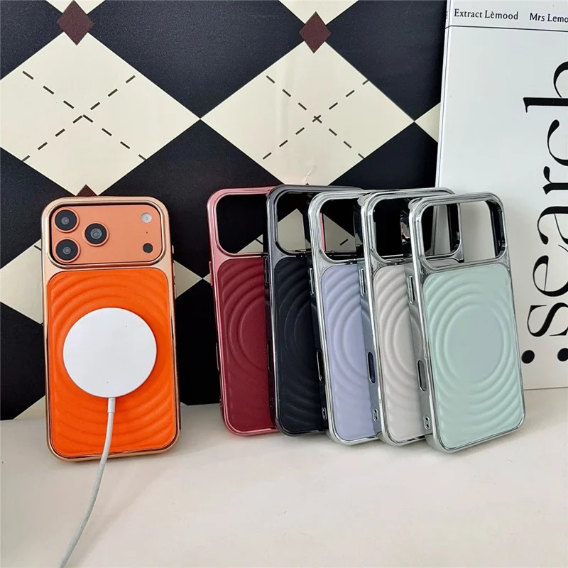 For iPhone 17 Pro Magnetic Case 3D Ripple Texture Leather Coated PC + TPU Electroplated Phone Cover - Orange