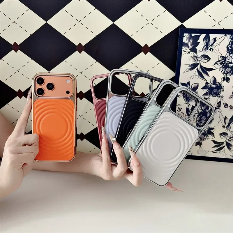 For iPhone 17 Pro Magnetic Case 3D Ripple Texture Leather Coated PC + TPU Electroplated Phone Cover - Orange