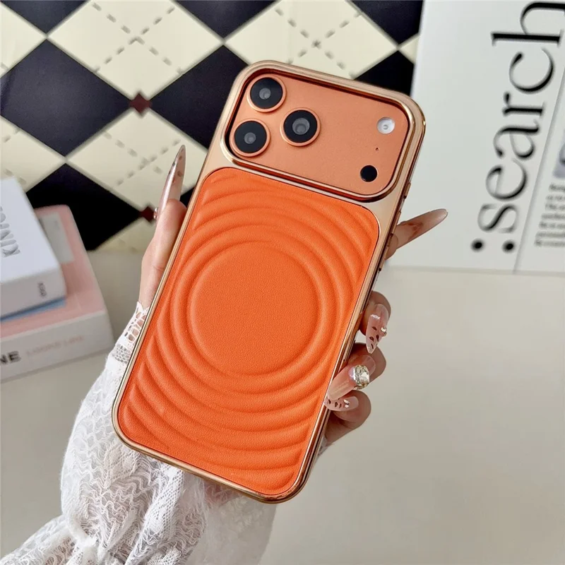 For iPhone 17 Pro Magnetic Case 3D Ripple Texture Leather Coated PC + TPU Electroplated Phone Cover - Orange