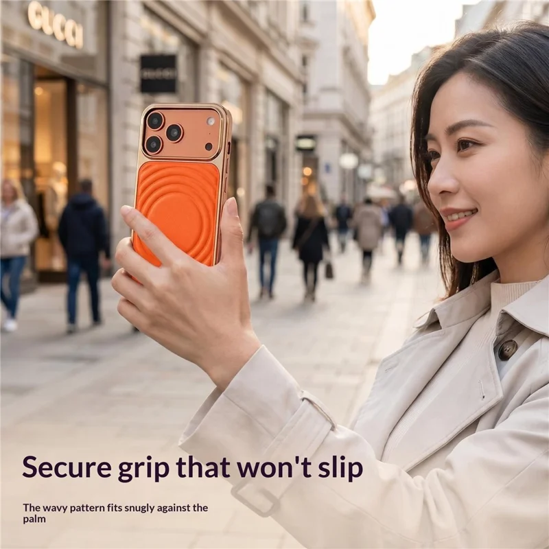 For iPhone 17 Pro Magnetic Case 3D Ripple Texture Leather Coated PC + TPU Electroplated Phone Cover - Orange